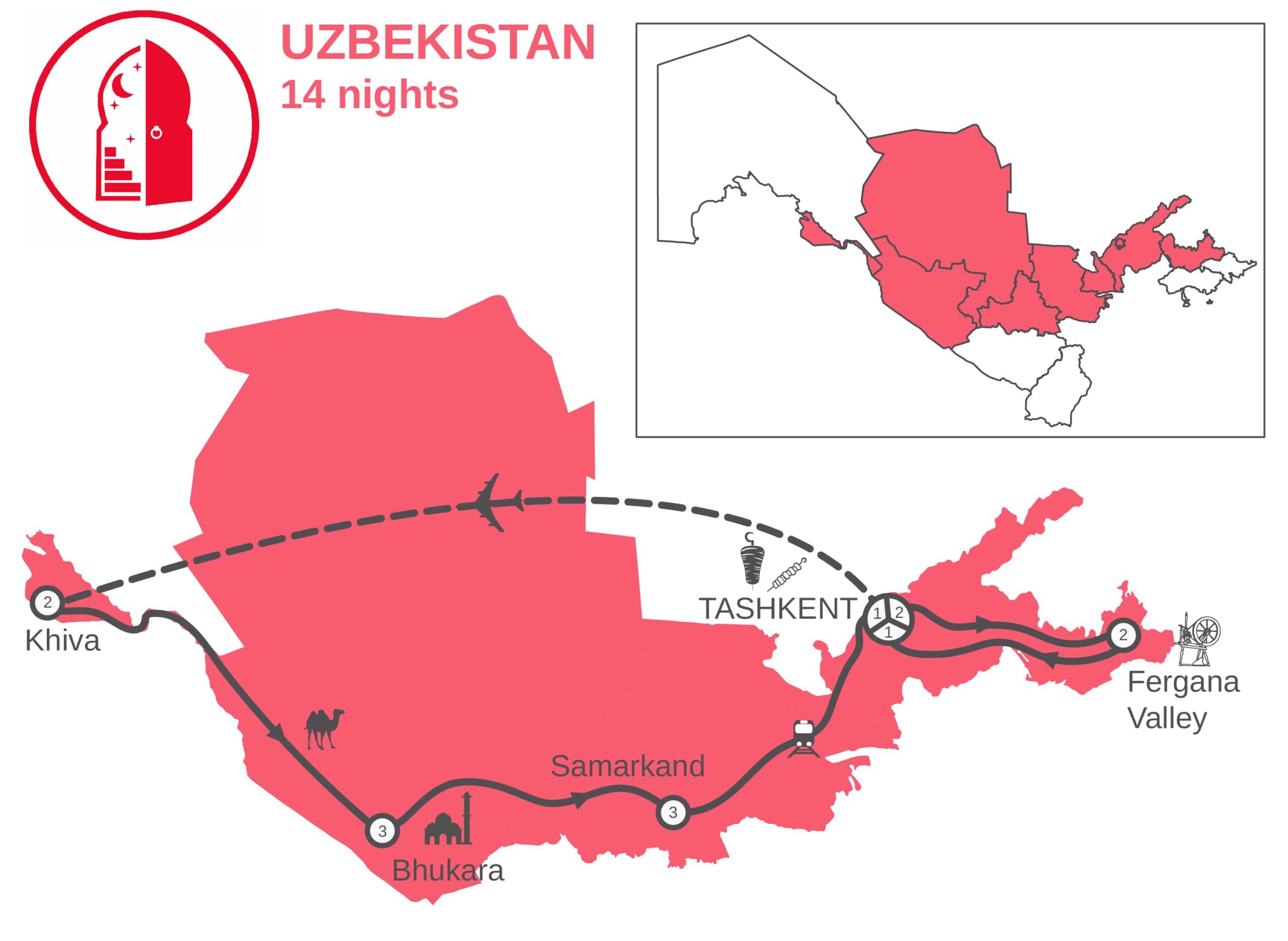 map of textile tour of Uzbekistan