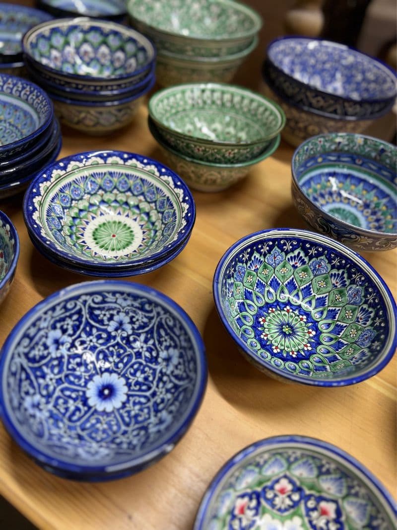 small blue and green pottery bowls from Uzbekistan