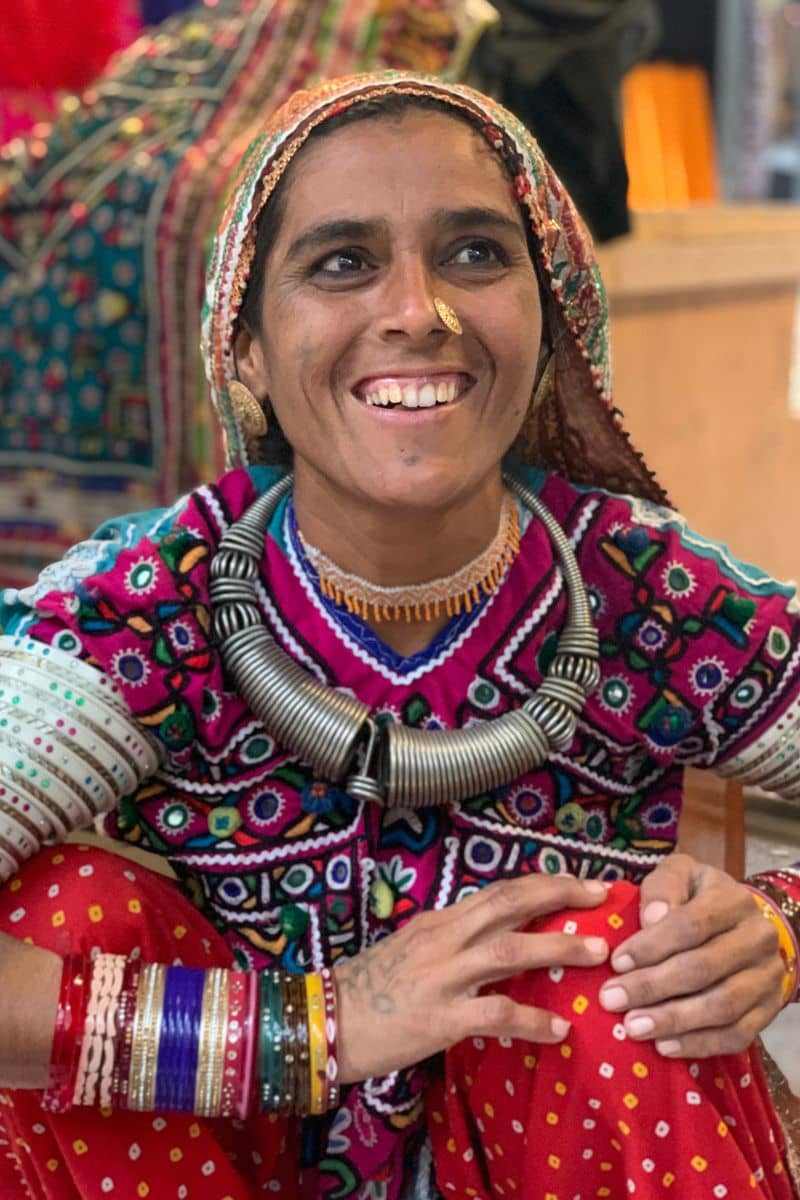Gujarat lady wearing silver necklace and bracelets