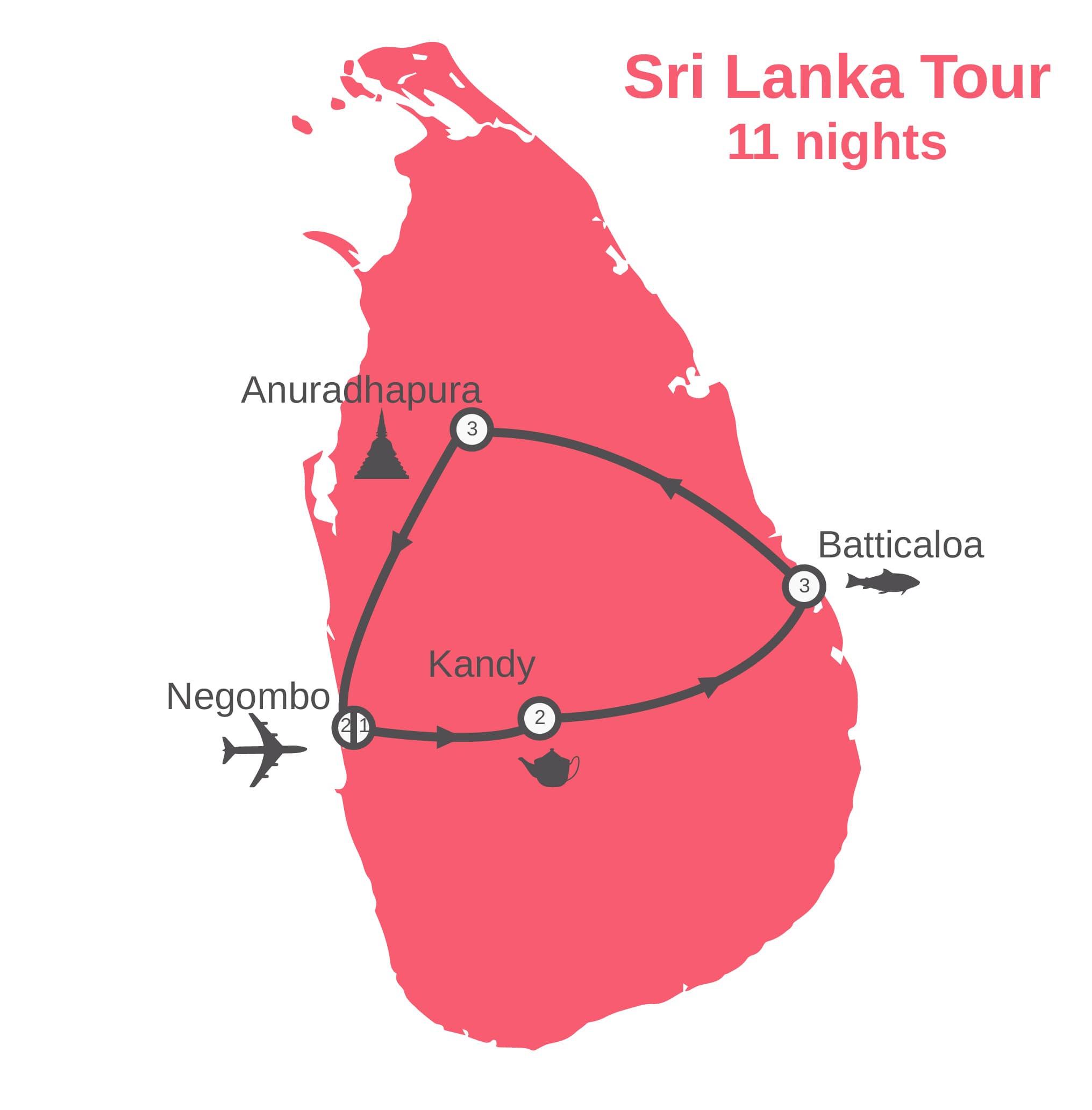 Red Door Tours 11 night Sri Lanka Tour map